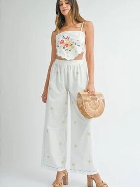 White Embroidered Wide-Leg Pants with Floral Accents